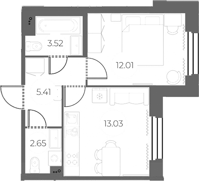1-комнатная квартира 36.62 м², 2/13 эт., ЖК «Огни Залива»